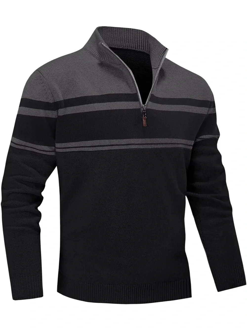 Men's Black & Gray Half-Zip Striped Sweater